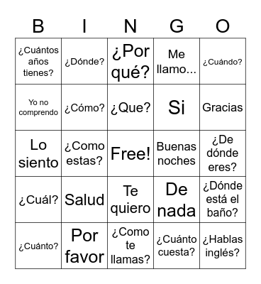 Common Spanish Phrases Bingo Card