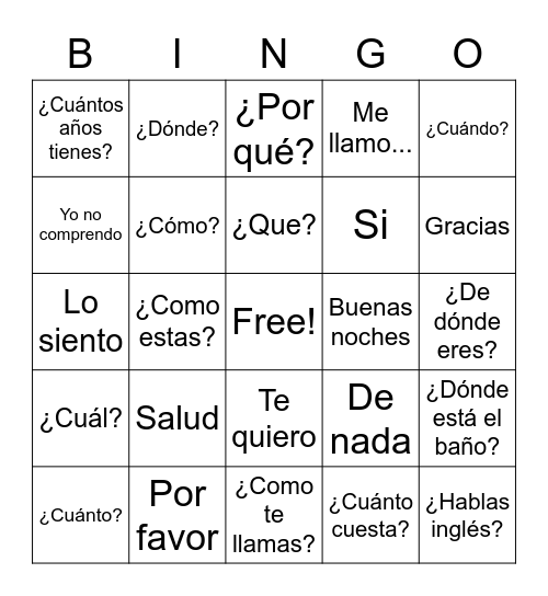 Common Spanish Phrases Bingo Card