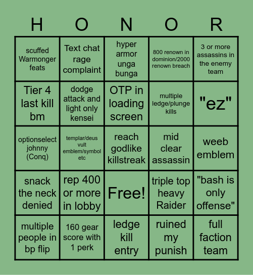 For Honor Bingo Card