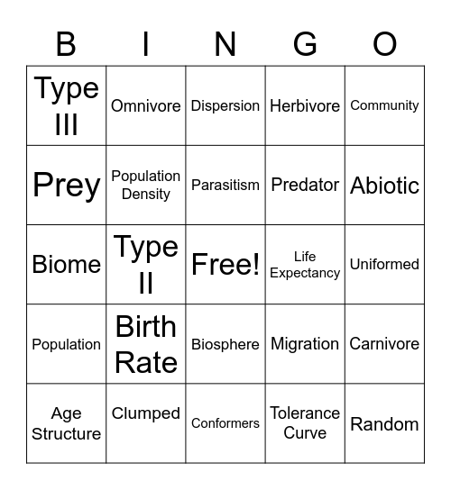 Ecology Bingo Card