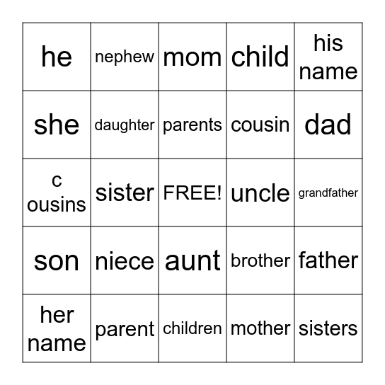 Family Bingo Card