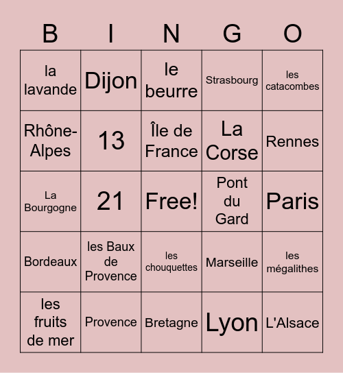 Les Regions de France Bingo Card