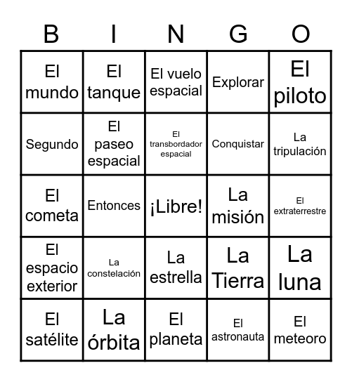 5th Grade --- El espacio Bingo Card