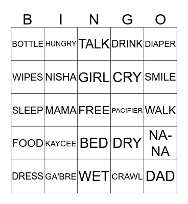 KAY-KAY & BRE BABY  SHOWER Bingo Card