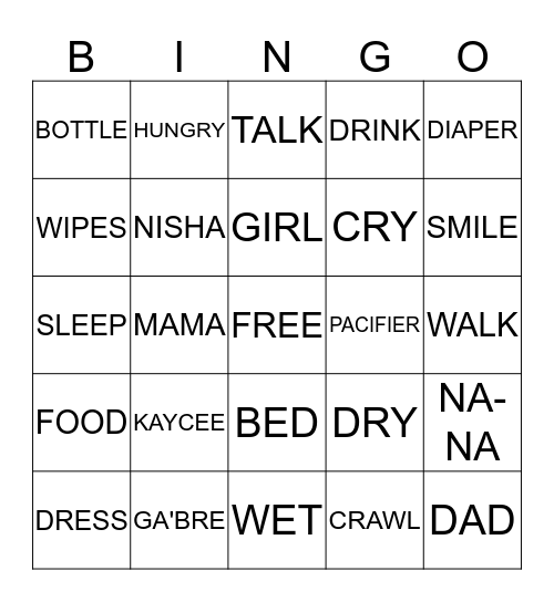 KAY-KAY & BRE BABY  SHOWER Bingo Card