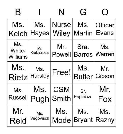 JSH STAFF BINGO Card