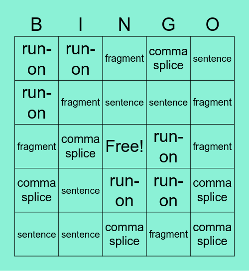 Sentence Error Bingo Card