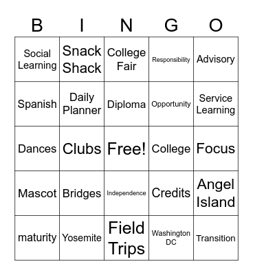 High School Readiness Bingo Card