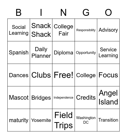 High School Readiness Bingo Card