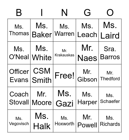 JSH STAFF BINGO v 1.7 Bingo Card