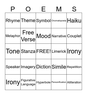 Poetry Bingo Card