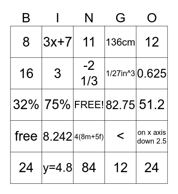 6th grade Math Bingo Card