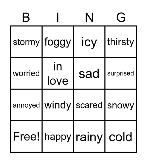 Weather and Emotions Bingo Card