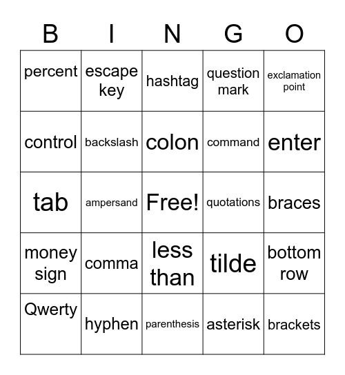 Typing Words Bingo Card