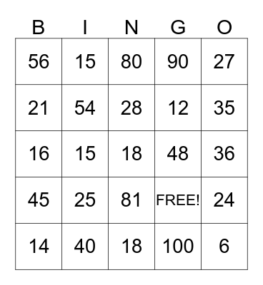 Multiplication Bingo Card