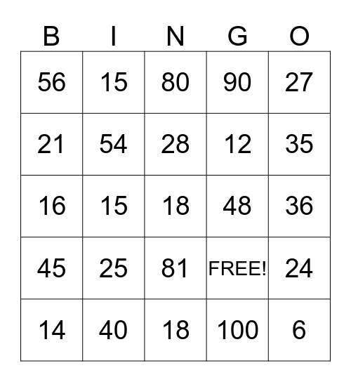 Multiplication Bingo Card