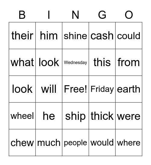CLC Sight Word Digraph Bingo Card