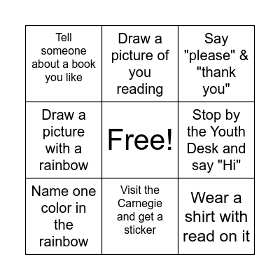 READING Colors Your World Bingo Card