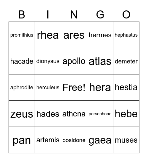 Greek Gods Bingo Card