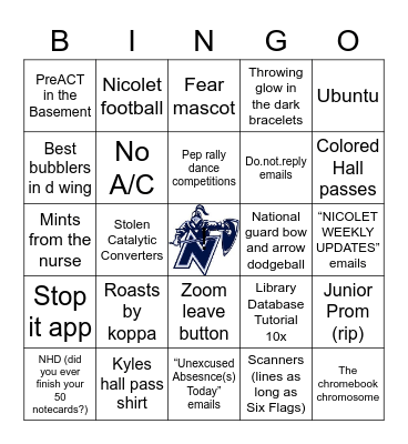 Nicolet High School Bingo Card