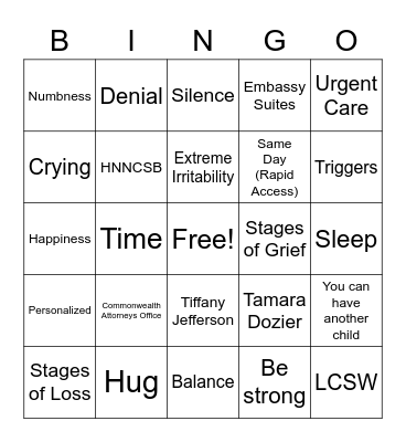 Grief and Loss Bingo Card