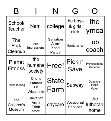 Pre-vocational & Vocational Services BINGO Card