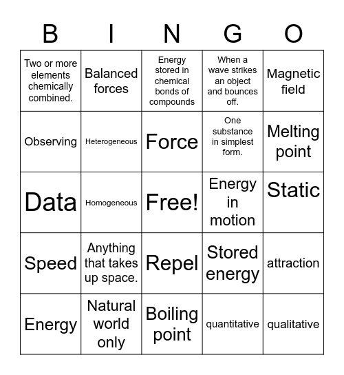Energy/Force and motion/Structures of Matter/Habits of Mind Bingo Card
