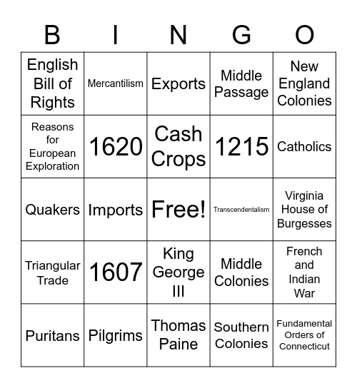 8th Grade Social Studies Bingo Card