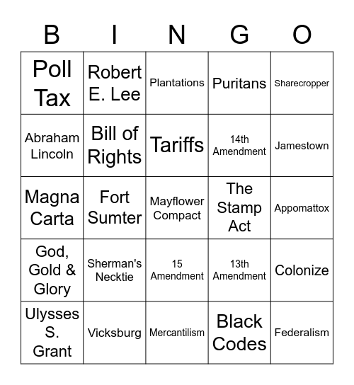 8th Grade Social Studies Bingo Card