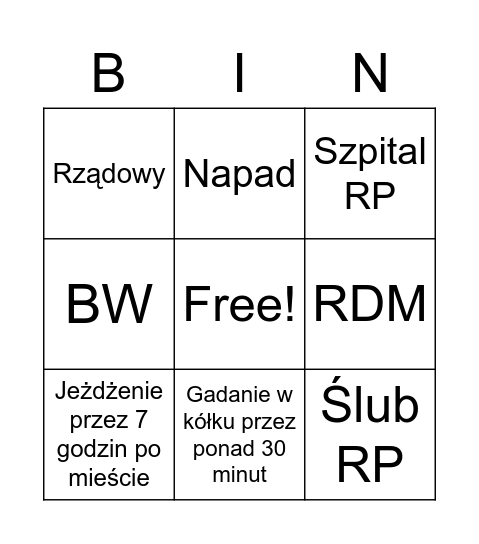 Bingo nudnego RP Bingo Card