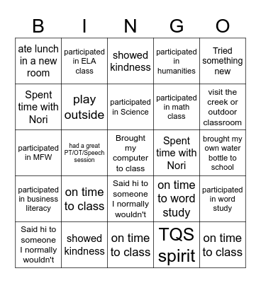 Upper School Homeroom Challenge Bingo Card
