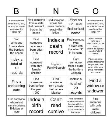 Indexing Bingo Card