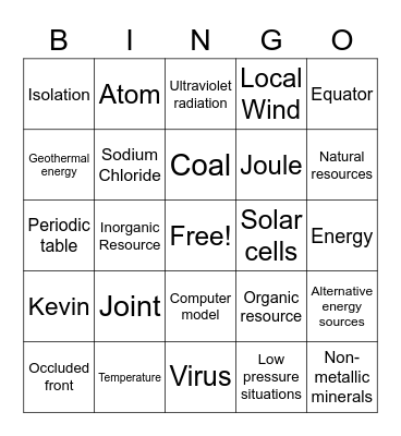 Science A-Z Bingo Card