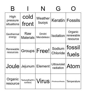 Science A-Z Bingo Card