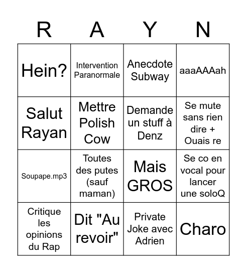 Rayn Bingo Card