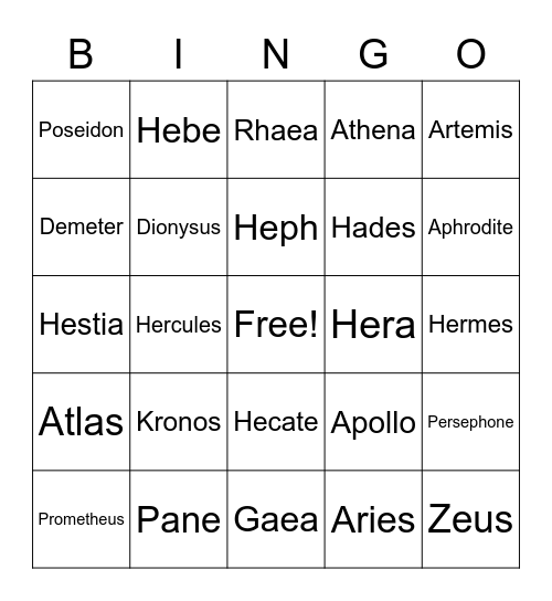 Gods and Goddesses Bingo Card