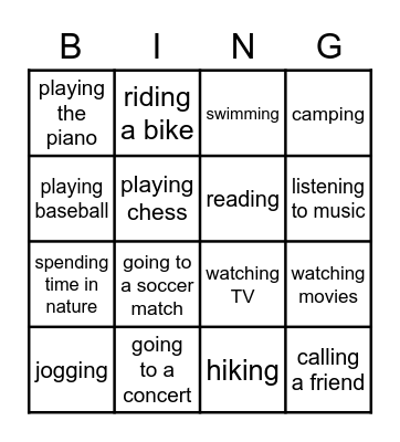 free time activities Bingo Card