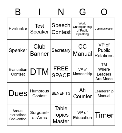 Toastmasters Bingo Card