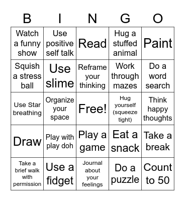 Calming Strategies Bingo Card