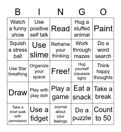 Calming Strategies Bingo Card