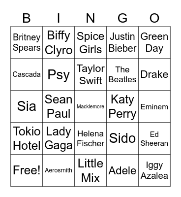 Pop stars Bingo Card