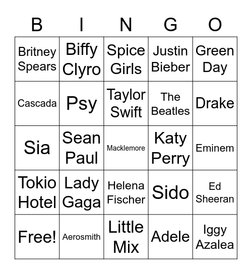 Pop stars Bingo Card