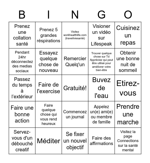Francais bien-être Bingo Card