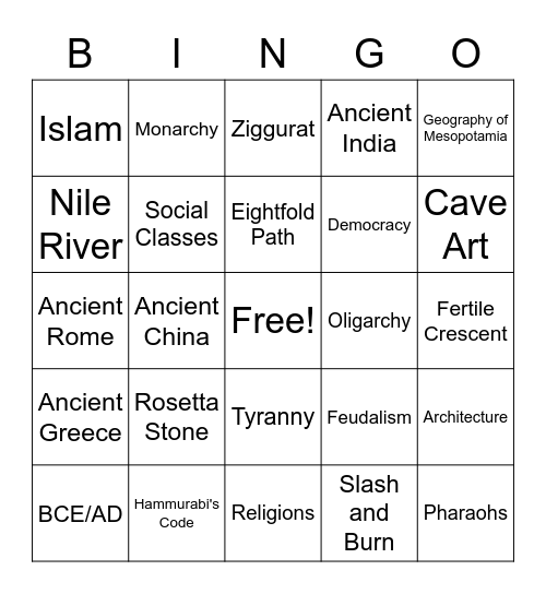 Ancient Civilizations Bingo Card