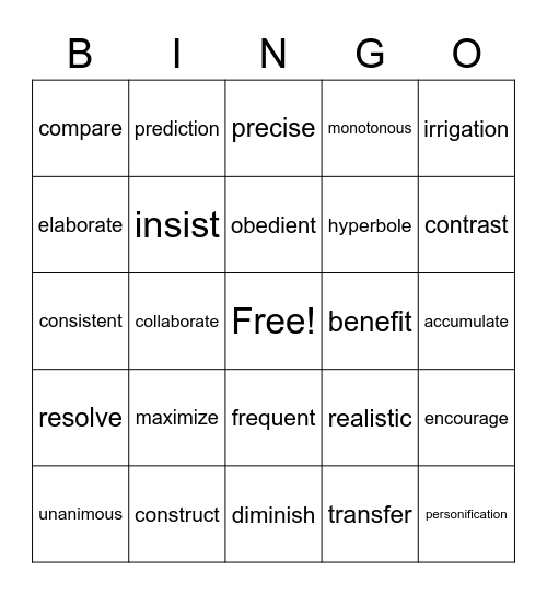 Vocabulary Bingo 2 Bingo Card