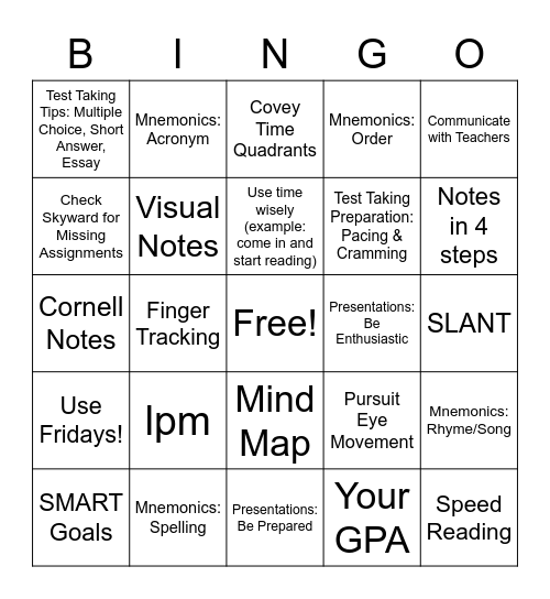 Study Skill Bingo Card