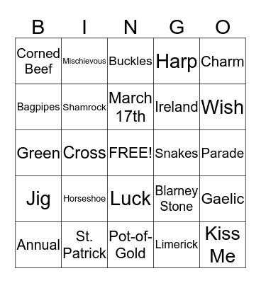 St. Patrick's Bingo Card