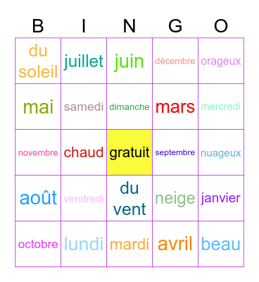 LES MOIS & JOURS DE LA SEMAINE Bingo Card