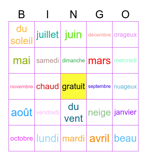 LES MOIS & JOURS DE LA SEMAINE Bingo Card