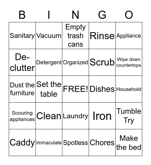 Clean Home Vocabulary  Bingo Card